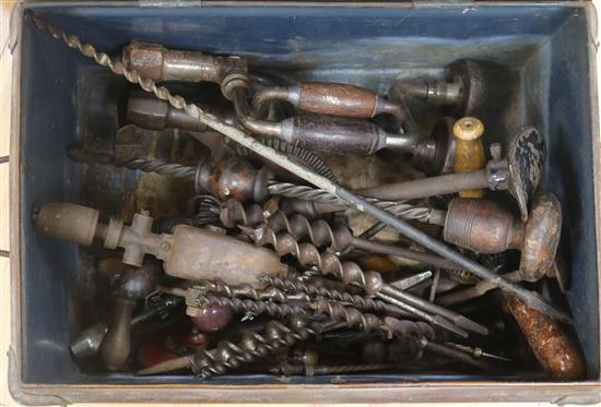 A collection of old drills, braces and bits, etc.